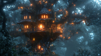 Canvas Print -  A spooky treehouse with glowing windows in a dark forest.