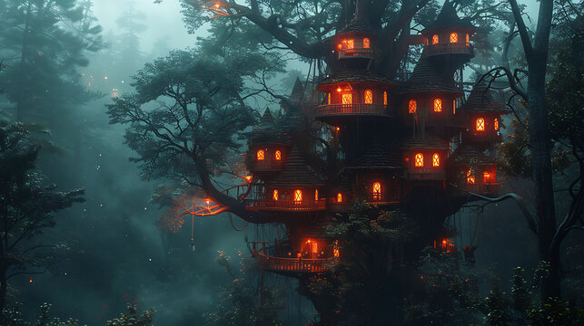  A spooky treehouse with glowing windows in a dark forest.