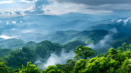 Amazing wild nature view of layer of mountain forest landscape with cloudy sky. Natural green scenery of cloud and mountain slopes background