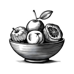 Wall Mural - Fruit bowl vector pencil ink sketch drawing, black and white, monochrome engraving style