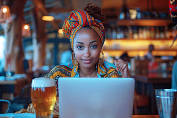 African woman enjoys her break at a cafe and drinks beer on table