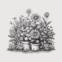 Wall Mural - Garden vector pencil ink sketch drawing, black and white, monochrome engraving style
