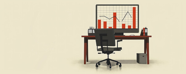 Poster - A computer monitor with a red bar graph on it sits on a desk with a chair. The desk is cluttered with books and a keyboard