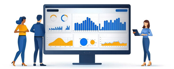 Poster - A group of people are standing in front of a computer monitor displaying graphs and charts. Concept of collaboration and teamwork as the group works together to analyze the data on the screen