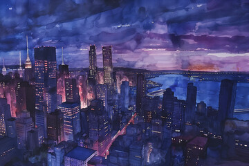 New York after dark: night skyline, cityscape, streets and landmarks painted with watercolor and oil