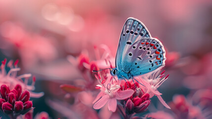 Poster - Beautiful blue butterfly on a pink flower in nature, close-up macro