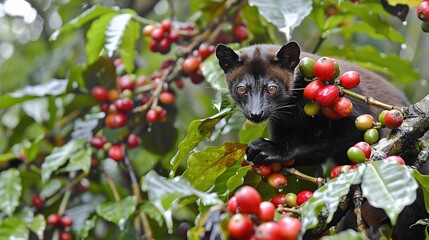 Kopi luwak or civet coffee, Coffee beans excreted by the civet. Generative Ai