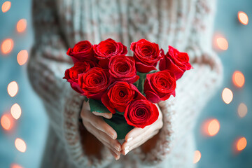 Woman holding a heart-shaped bouquet of red roses