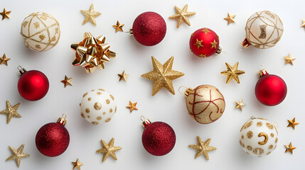 Beautiful creative minimalistic Christmas composition with golden red stars and balls on a white background. Flat lay, top view