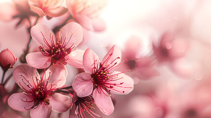 Wall Mural - Beautiful delicate light airy natural spring background with pink cherry blossom flower on white background with selective focus. Soft blurry image