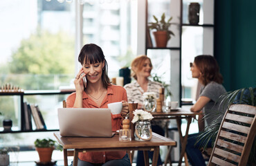 Aufkleber - Phone call, laptop and woman in cafe, smile and chat for project, copywriting and business or company. Coffee shop, employee and communication for person in B2B, writer and working with happiness