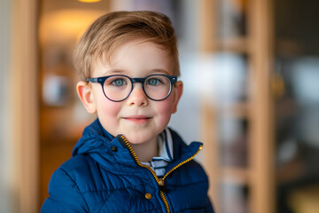 Portrait of a young boy wearing glasses in a optician shop, happy toddler seeing properly for the first time with his corrective eyeglasses