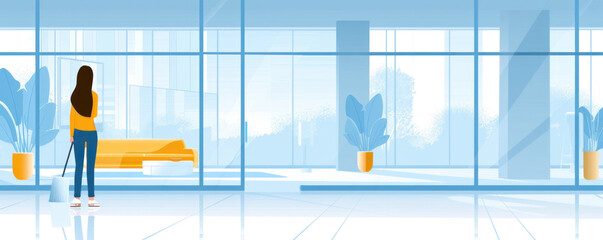 Poster - A woman is cleaning a room with a mop. The room is empty and has a lot of windows