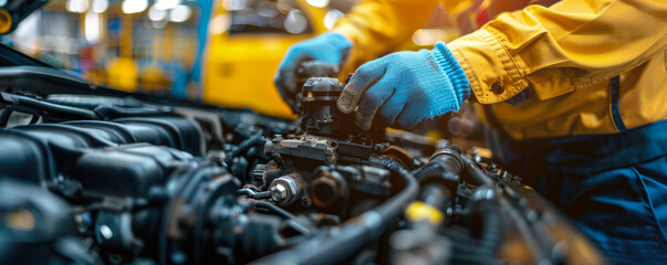 Poster - A mechanic is working on a car engine. The mechanic is wearing blue gloves and a yellow jacket