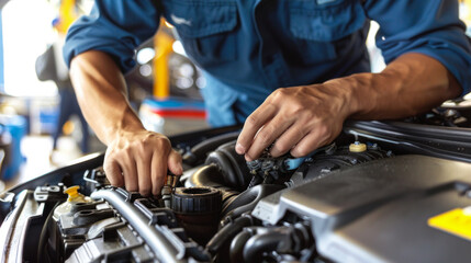 Poster - A mechanic is working on a car engine. The man is wearing a blue shirt and has his hands on the engine