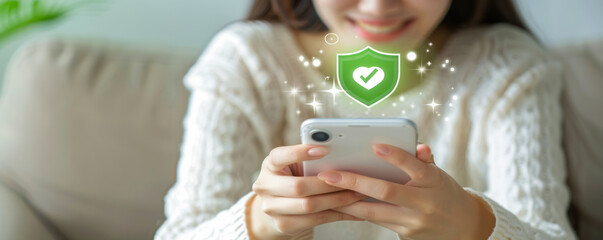 Poster - A woman is holding a cell phone with a green shield on it. She is smiling and she is happy