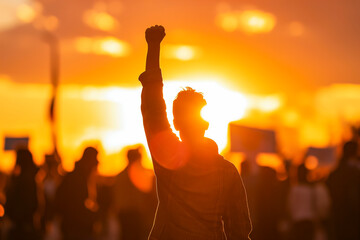 Wall Mural - Protestor Raising Fist at Demonstration, sunset background