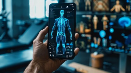 Poster - A hand holds a smartphone displaying a digital anatomy diagram of a human body. The background shows a blurry view of a gym setting.
