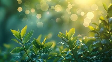 Wall Mural - Beautiful natural spring summer defocused background with fresh lush foliage and bokeh in nature