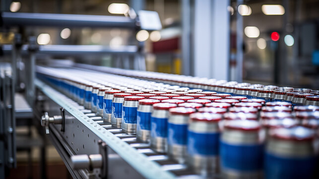 Photo of Production line of beer aluminium cans on conveyor in the factory