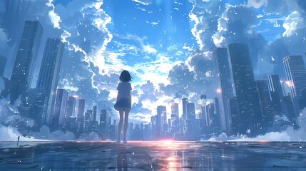 a girl stands in the center of an empty city square