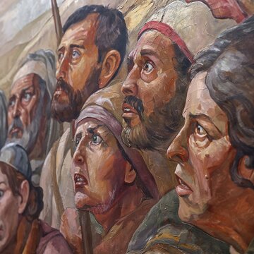 A close-up of a section of a mural depicting a historic event, with the camera focusing on the facial expressions and emotions of the figures, bringing the past to life through art.