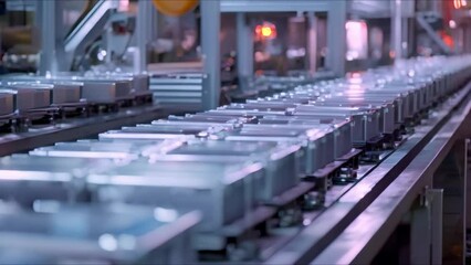 Poster - Closeup of battery cell assembly line in mass production. Concept Battery Production, Manufacturing Processes, Technology Innovation