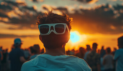 Wall Mural - Young Man Wearing Sunglasses Watches the Sunset Over a Crowd