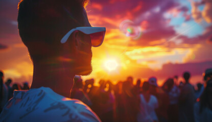 Wall Mural - Man Wearing Sunglasses Watches Sunset Over Crowd