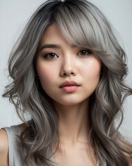 beautiful asian woman with gray voluminous pretty stylish hair on plain white background portrait studio shot