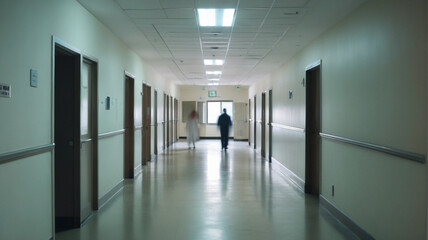 Ghostly figures in the blurred backdrop: Exploring empty hospital corridors where the presence of absent souls lingers, Generative AI