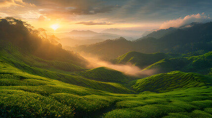 Wall Mural - Cameron Highlands ,Malaysia. Sunrise at green tea farm mountain. Dramatic moving cloud in nature landscape on sunshine morning