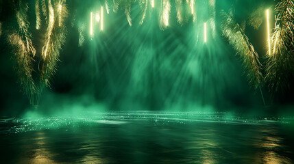 Wall Mural - Enchanted tropical forest with glowing lights and mist. Copy space. Generative AI	