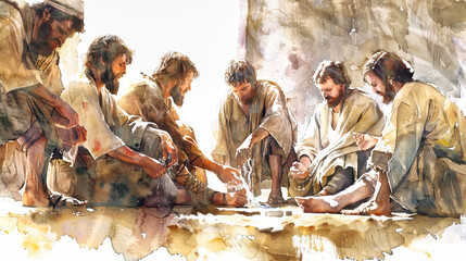 Wall Mural - A painting depicting Jesus washing the feet of his disciples in the Upper Room, a scene of humility and service that underscores the importance of selfless love and compassion