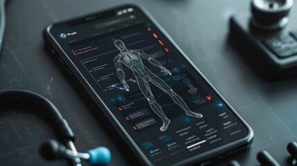 Poster - A smartphone displaying a digital illustration of a human body with health data.