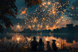 © NE97 - A family and their dogs watching fireworks over a lake on the 4th of July - Independence Day - American holiday - New Years.