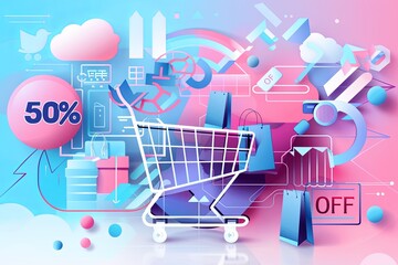 Poster - An abstract background featuring a shopping cart, product icons, and a bold 50% off text. Digital elements include Wi-Fi signals, cloud icons, and a futuristic design. Generative AI