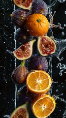 Wall Mural - Figs and oranges splashing in water