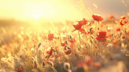 Wall Mural - Wild poppies and sunshine in the meadow during summer