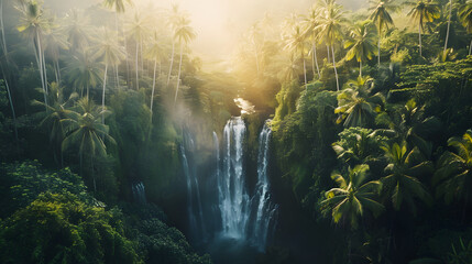 Eden's Majestic Waterfall A Magical Tropical Evening Amidst Palm Trees and Jungle Vegetation in Bali, Indonesia