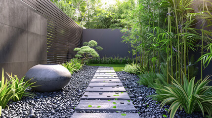 Zen style modern garden with black pebbles, stone pathway, and bamboo plants