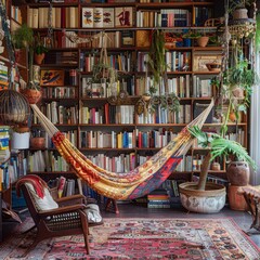 Wall Mural - A hammock in a room with a lot of books