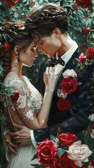 Wall Mural - A painting of a man and a woman in a wedding dress