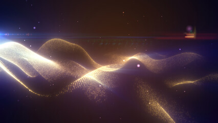 Poster - Yellow energy futuristic waves with light rays and energy particles. Abstract background