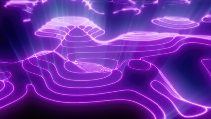 Wall Mural - Purple looped futuristic hi-tech landscape with mountains and canyons from glowing energy circles and magic lines. Abstract background