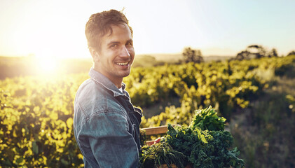 portrait, farmer and man with plants, vegetables and agriculture with sunshine, harvest and sustaina