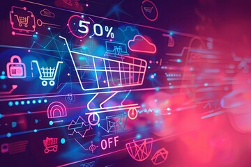 Aufkleber - A futuristic abstract background with a shopping cart and icons representing a digital sale with 50% off. Generative AI