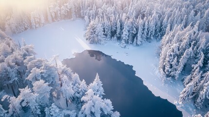 Canvas Print - Create an aerial scene of a winter landscape, with snow-covered trees, frozen lakes, and the soft light of a winter's day, conveying the tranquility and beauty of the season.