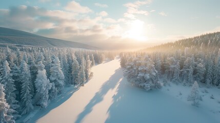 Canvas Print - Create an aerial scene of a winter landscape, with snow-covered trees, frozen lakes, and the soft light of a winter's day, conveying the tranquility and beauty of the season.