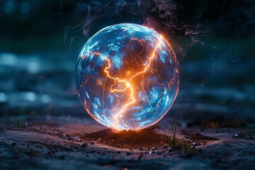 Wall Mural - A glowing orb of blue and orange light is surrounded by a cloud of smoke
